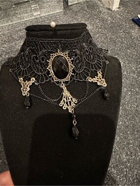 Victorian-Inspired Black Lace Choker Necklace with Gold Accents Chocker